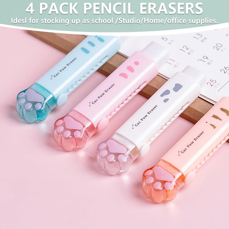 PANDENNER Retractable Pencil Eraser, Cute Erasers,Cat Paw Eraser,Suitable for School Home Office Supplies, 4Pcs (Eraser-BLFC) - Image 2